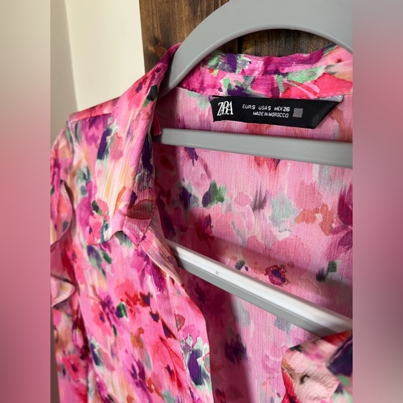 ZARA Pink Floral Button Down Long Sleeve Sheer Blouse with Collar Women’s Size S - Picture 8 of 13